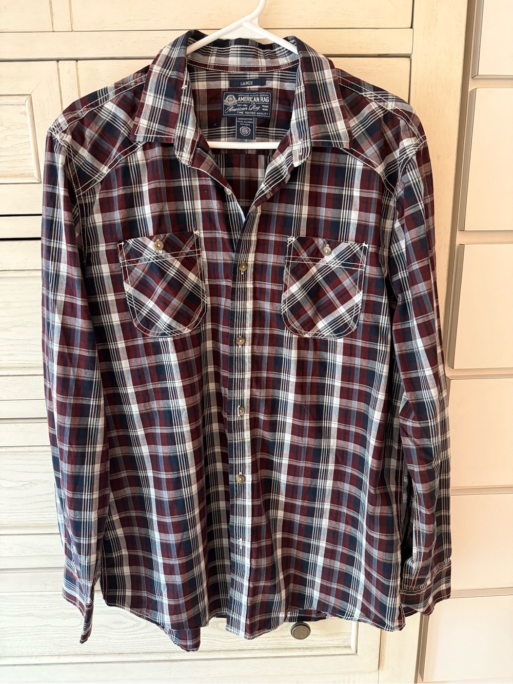 American Rag Plaid Button-Up Shirt in Blue, Burgundy & White